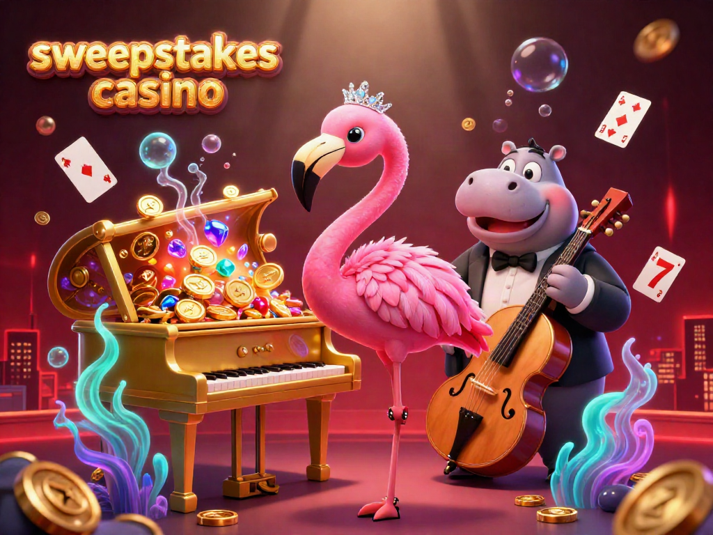 Sweepstakes casino scene with vibrant characters, gold coins, and game elements creating engaging ambiance