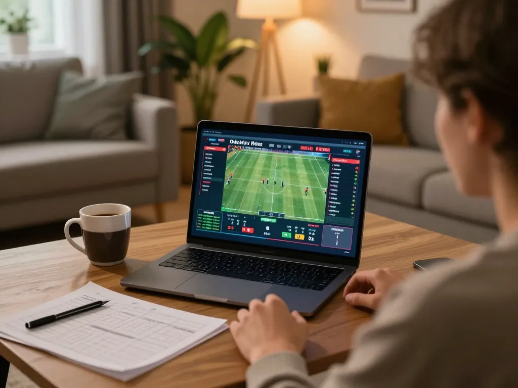 Person engaging with live sports betting on laptop at home, emphasizing strategic gambling with vu88a.