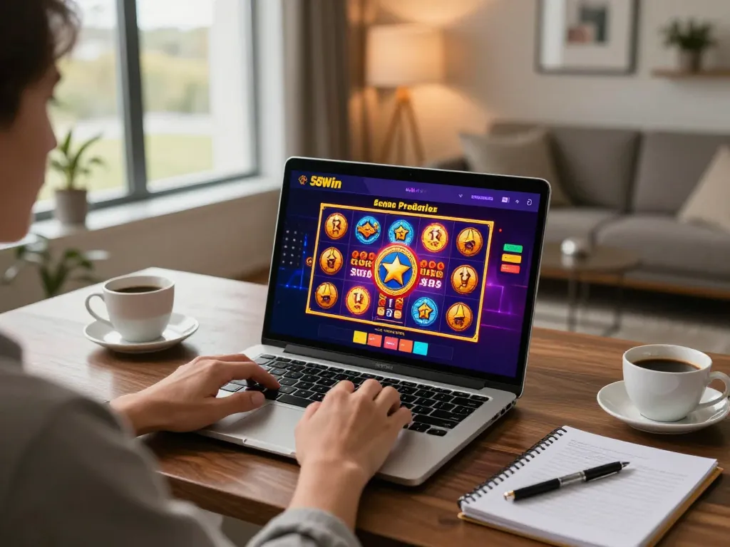 Engaging 58Win online gaming setup with vibrant slot game on laptop screen