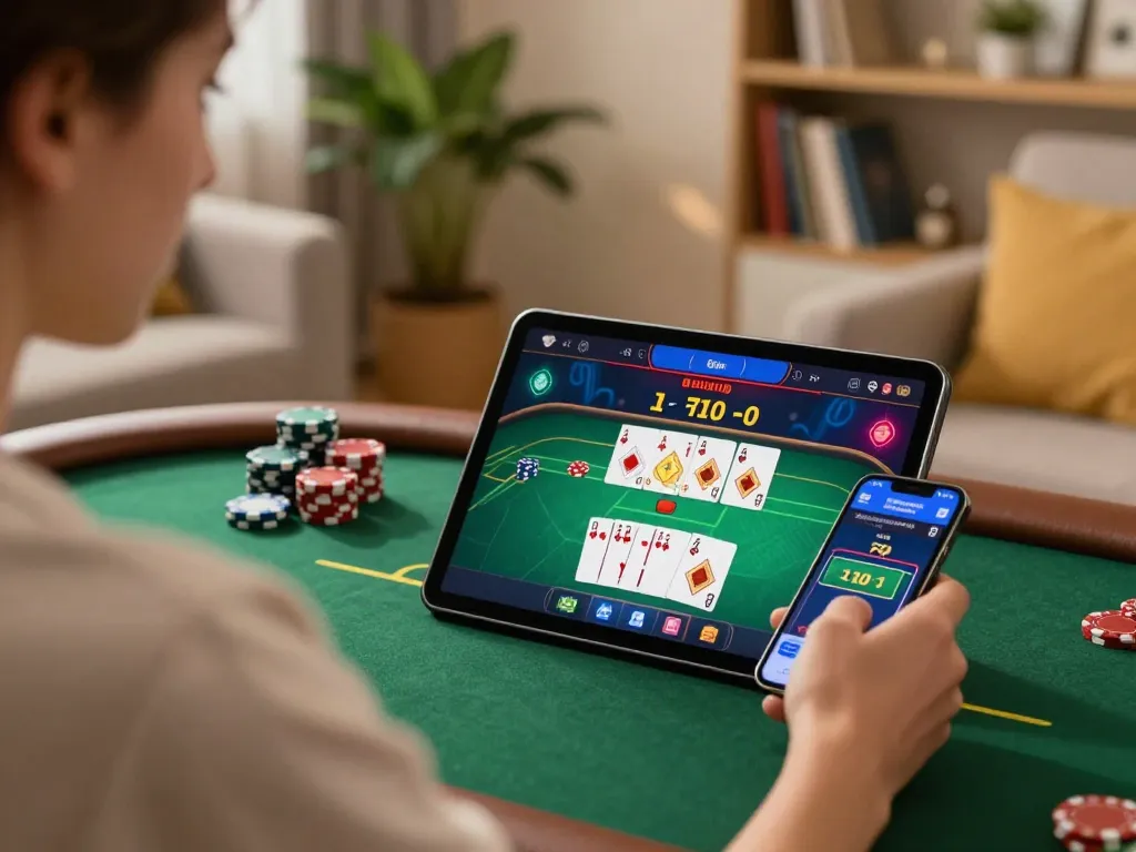 Player enjoying Lc 88 poker game on tablet in a cozy home environment.
