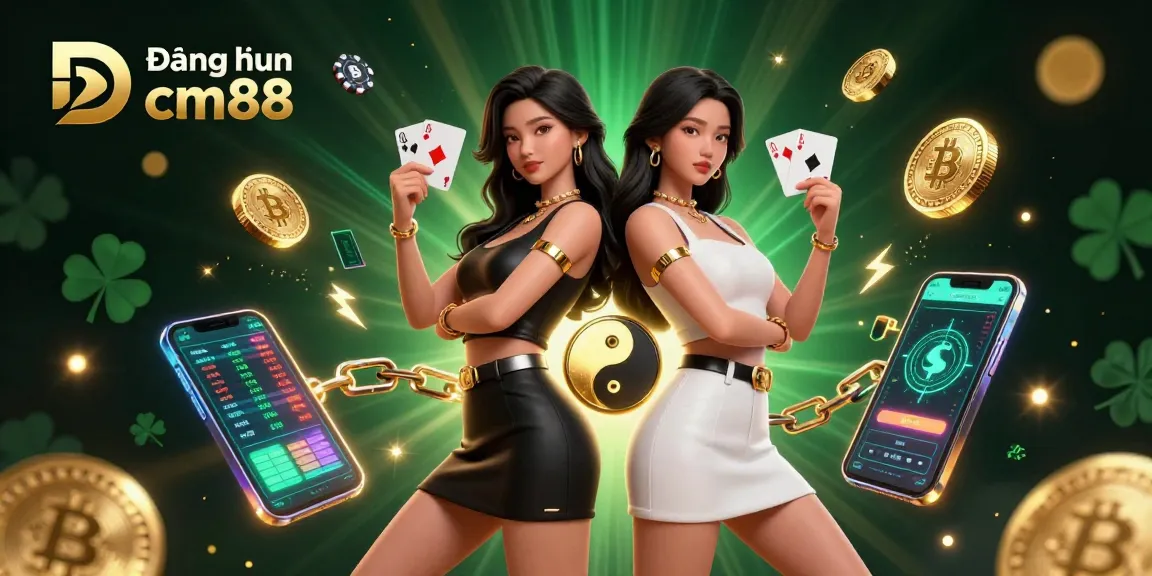 Experience the excitement of Đăng nhập cm88 featuring twin Asian women showcasing unique playing cards and glowing game elements.