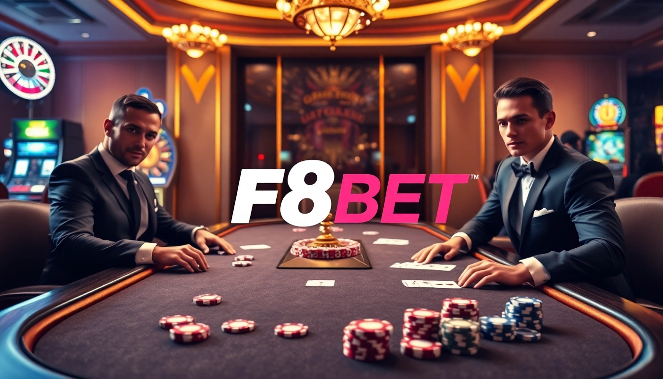 F8BET casino features elegant players engaging at a poker table with vibrant chips and cards.
