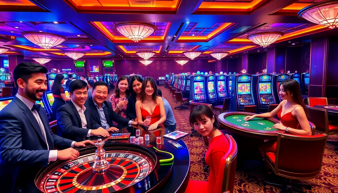 Exciting GO88 casino scene with players engaged at roulette, poker, and slot machines.