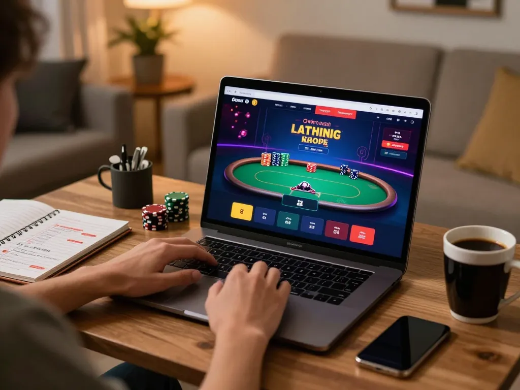 Playing poker online at manclub with a sleek laptop setup, showcasing an engaged player and strategy notes.