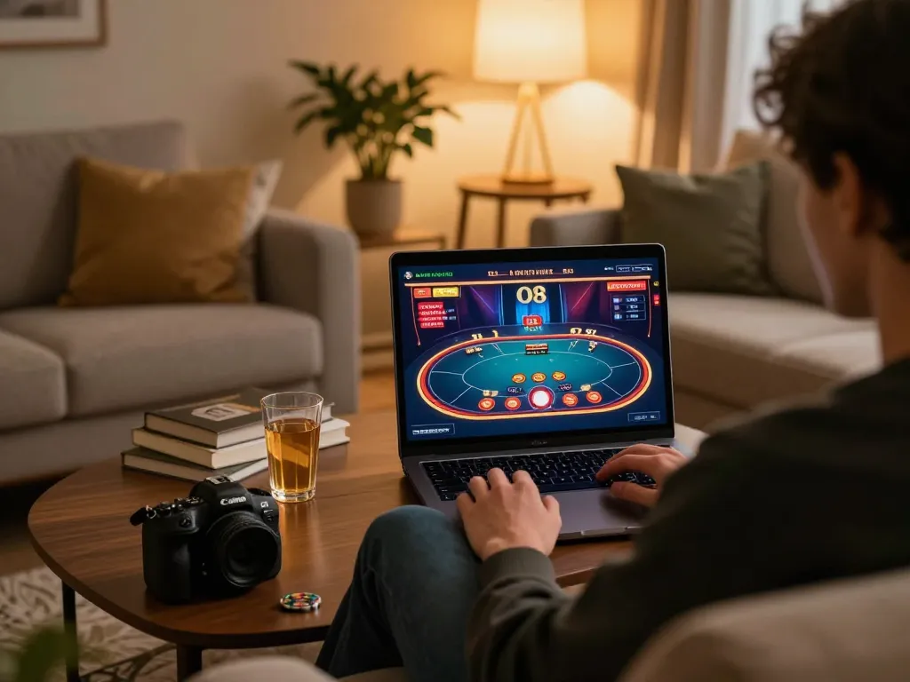 Engaging player enjoys O8 online poker on laptop in a cozy home setup.