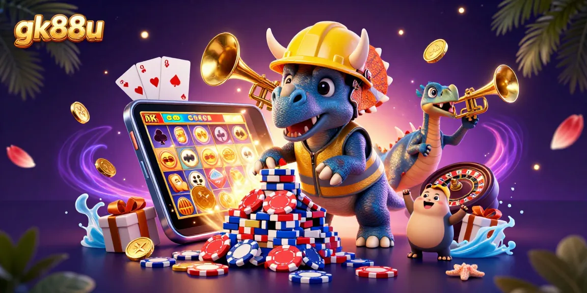 Play exciting games at gk88u with a vibrant 3D illustration featuring dynamic casino elements.