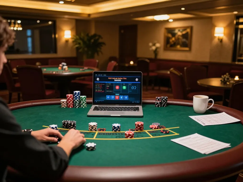Nohu90 online casino player enjoying a live dealer blackjack game on a laptop, surrounded by strategy notes and coffee, showcasing an engaging setup.