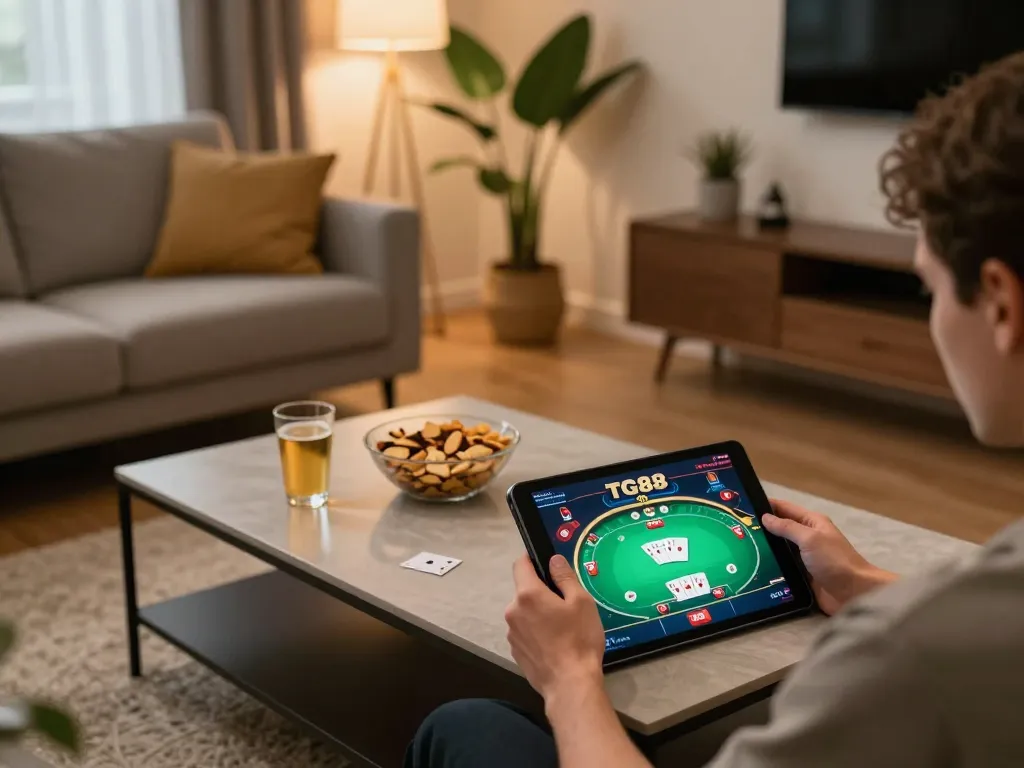 Player engaging with poker game on TG88 at home, surrounded by snacks and drinks for a cozy experience.