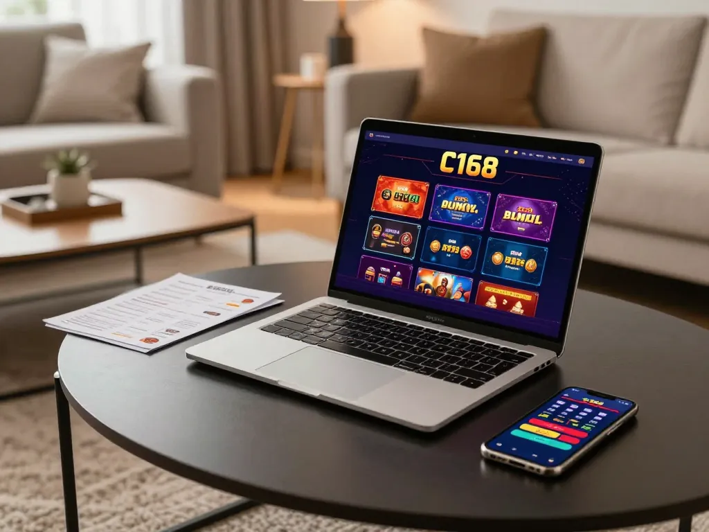 C168 online gaming setup featuring a laptop and strategic notes in a cozy living room atmosphere.