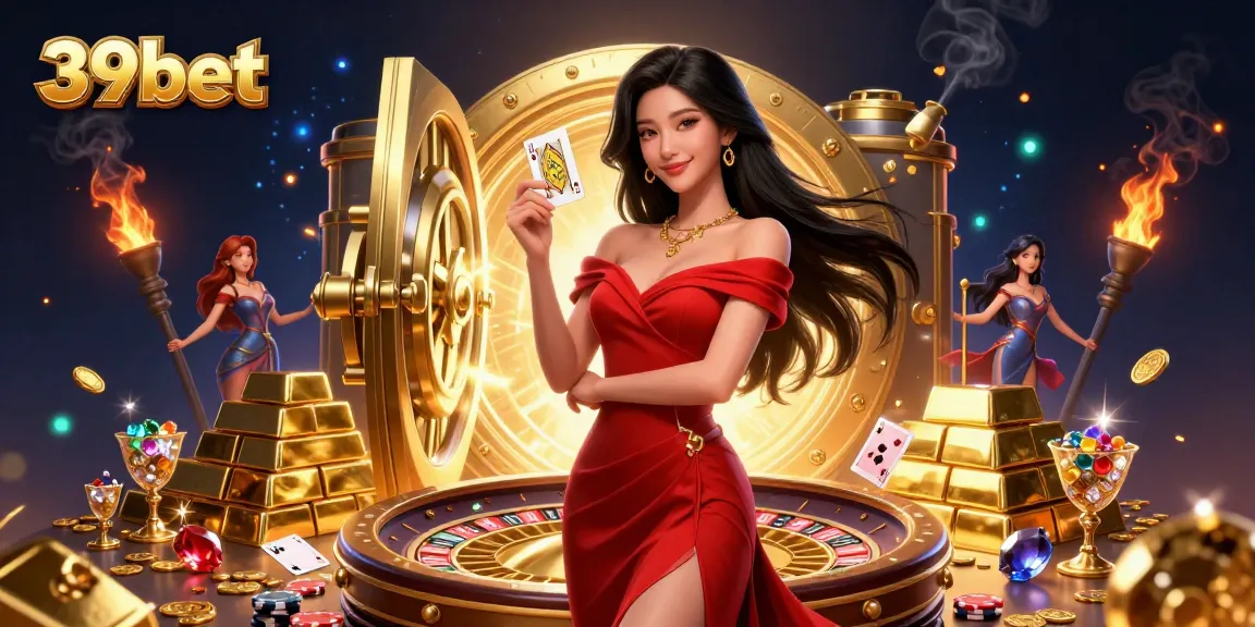 Engage in thrilling gameplay with 39bet as a beautiful dealer showcases a golden playing card beside a glamorous roulette wheel.