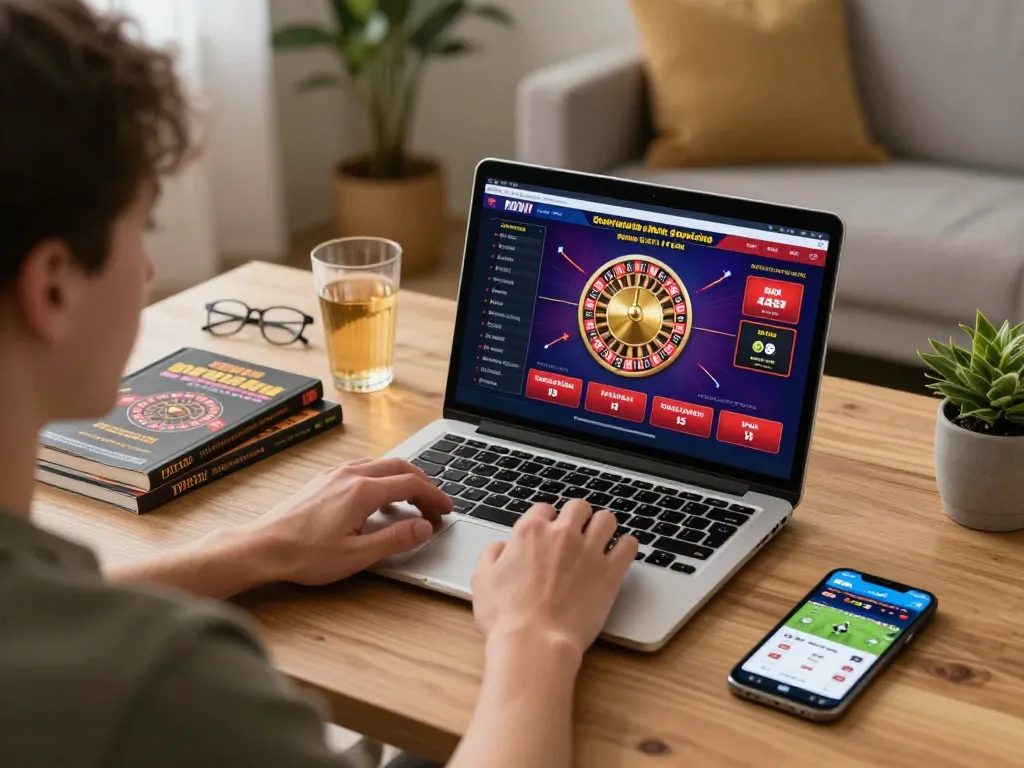 Engaging online gaming scene with Surebetsg displayed on laptop screen, emphasizing a responsible gambling setup.
