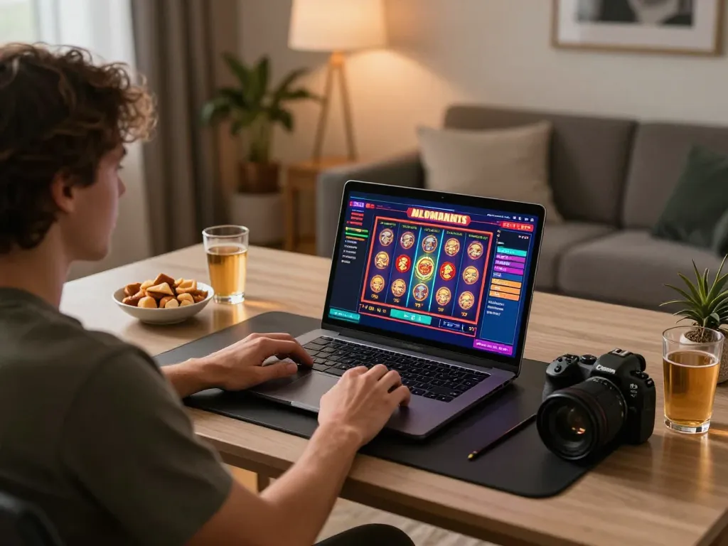 Engaging with tx88 casino on a laptop in a cozy online gaming setup with snacks.