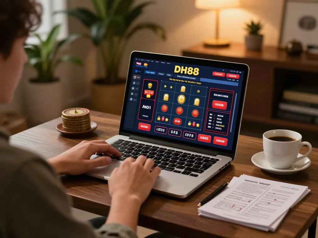 Engaging user placing bets on DH88 online casino in a cozy home setup.