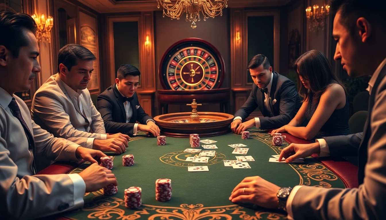 Players strategize at a poker table in an elegant casino setting related to https://luongsontv23.com/ with vibrant colors and thrilling atmosphere.