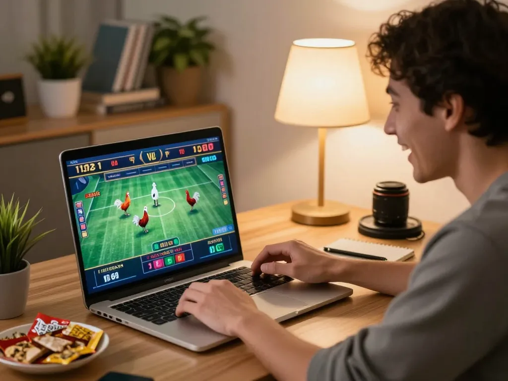 Engaging scene of online gamblers enjoying đá gà trực tiếp wala88 match on laptop in a cozy home setting.