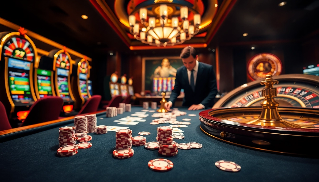 Nohu90 casino gaming scene with poker chips and slot machines showcasing high-stakes excitement.