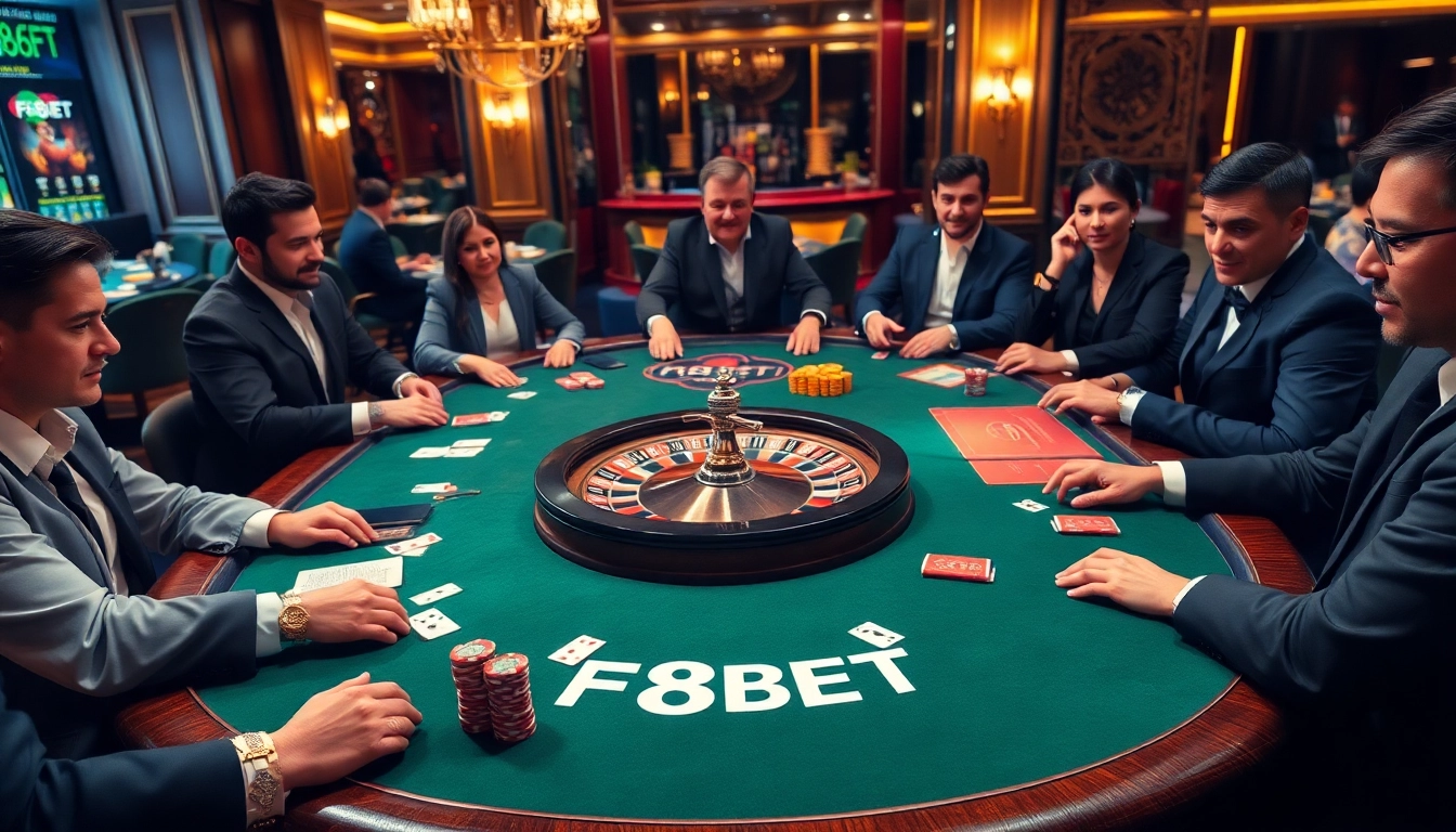 Experience the excitement at F8BET’s luxurious casino table with vibrant poker chips and cards.