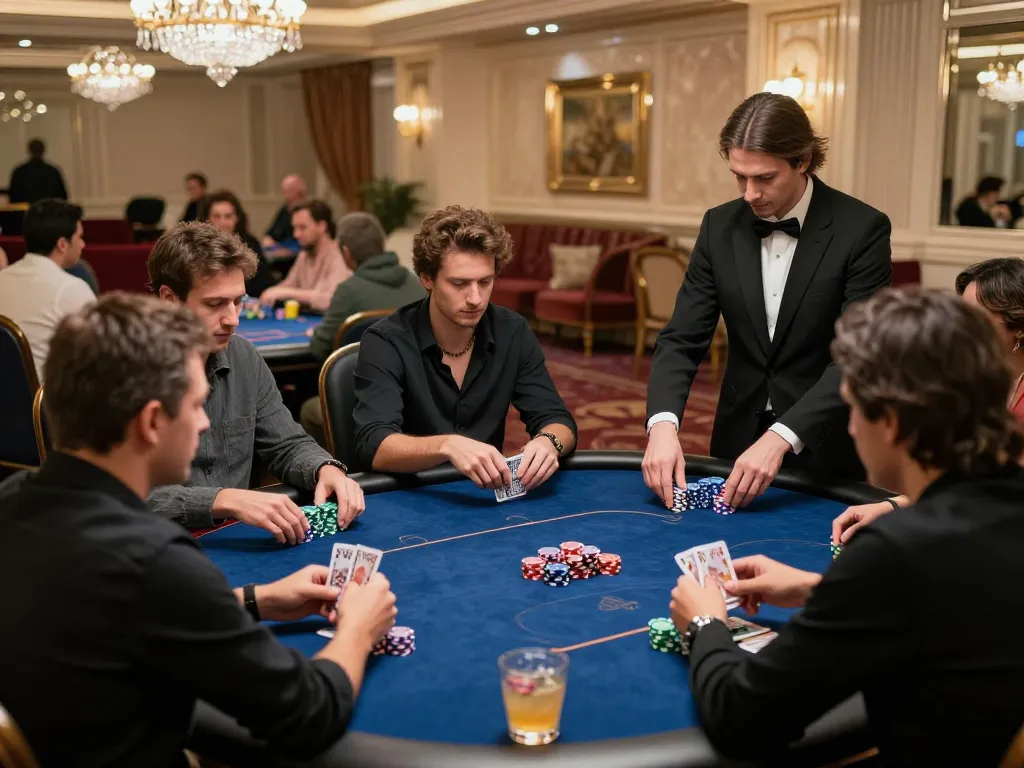 Players engage in a strategic poker game at a luxurious casino 888new setup with ambient lighting.