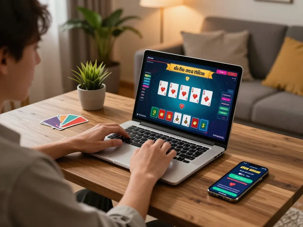 Engaging in game đánh bài đổi thưởng on a laptop in a cozy environment, showcasing strategic online gambling.