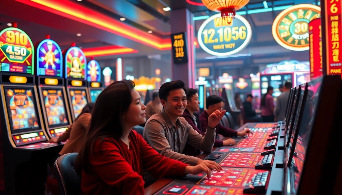 Nổ Hũ slot machines in an exciting casino atmosphere with vibrant graphics and players enjoying the thrill.