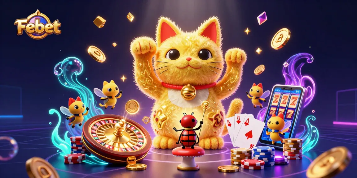 Experience thrilling gaming adventures with Febet's vibrant casino scene, featuring lucky symbols and dynamic elements.