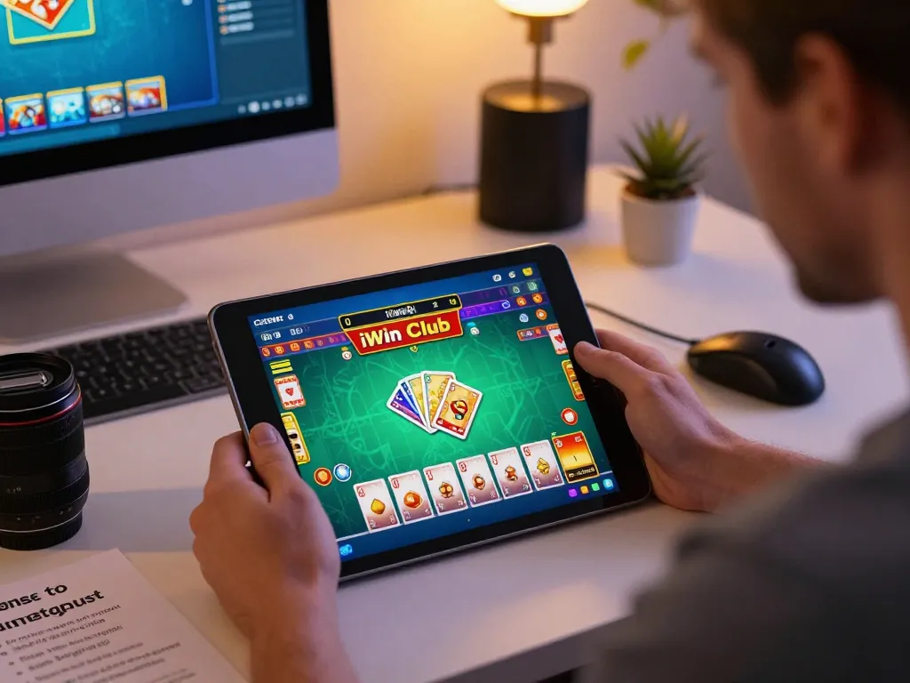 Engaging gameplay on iWin Club app with dynamic cards and strategic notes at a home gaming setup.