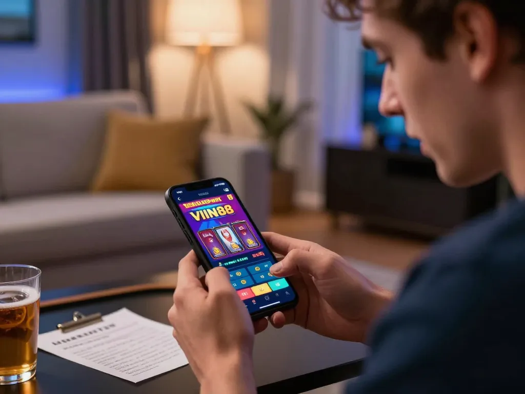 Engaging players on the VIN88 mobile gaming app during an exciting betting session at home.