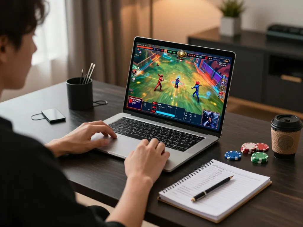 Engaging in live đá gà thomo betting on a laptop, showcasing a vibrant screen layout with betting strategies.