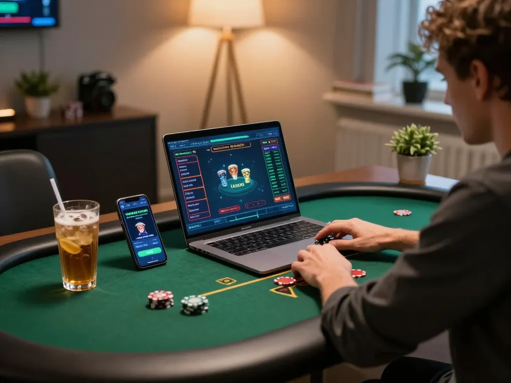 Engaging online poker gameplay on laptop showcasing strategic bets with fly88