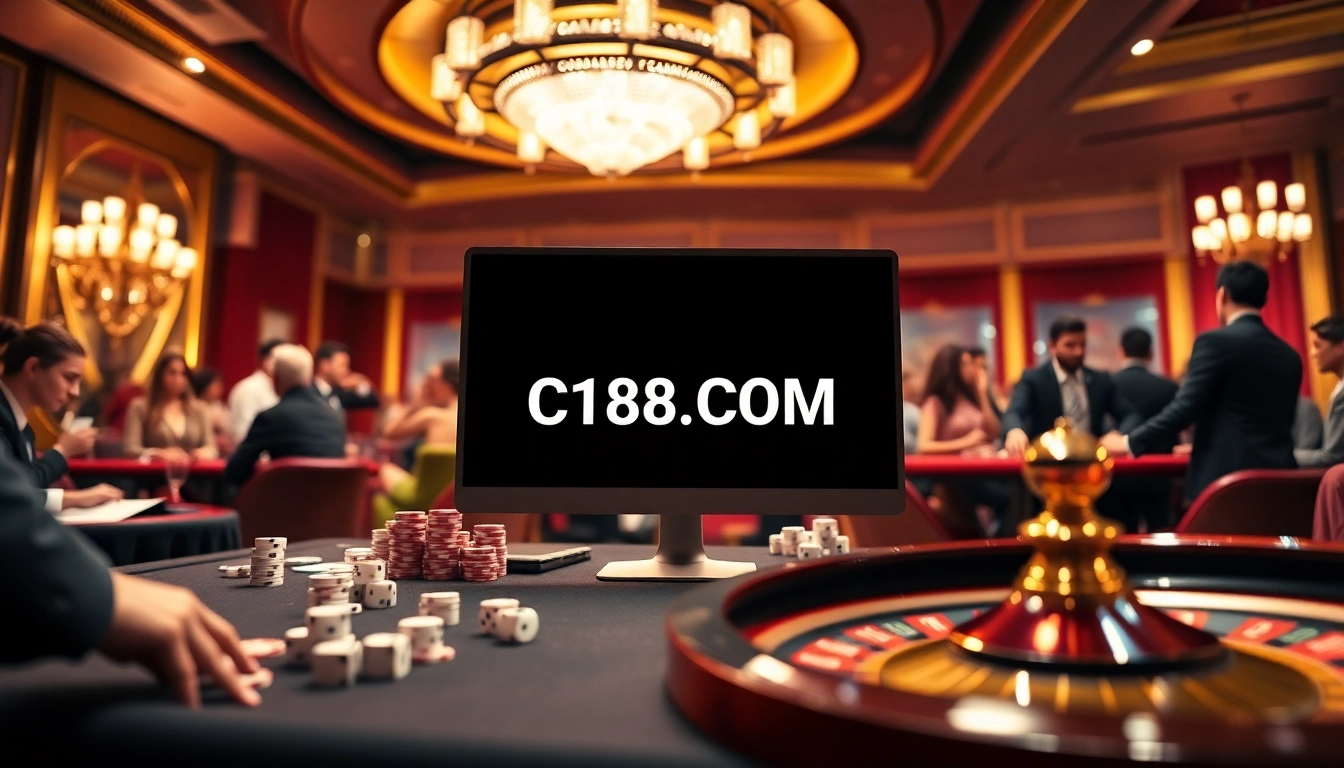 Experience the excitement of C168.COM with vibrant casino elements like poker chips and roulette.