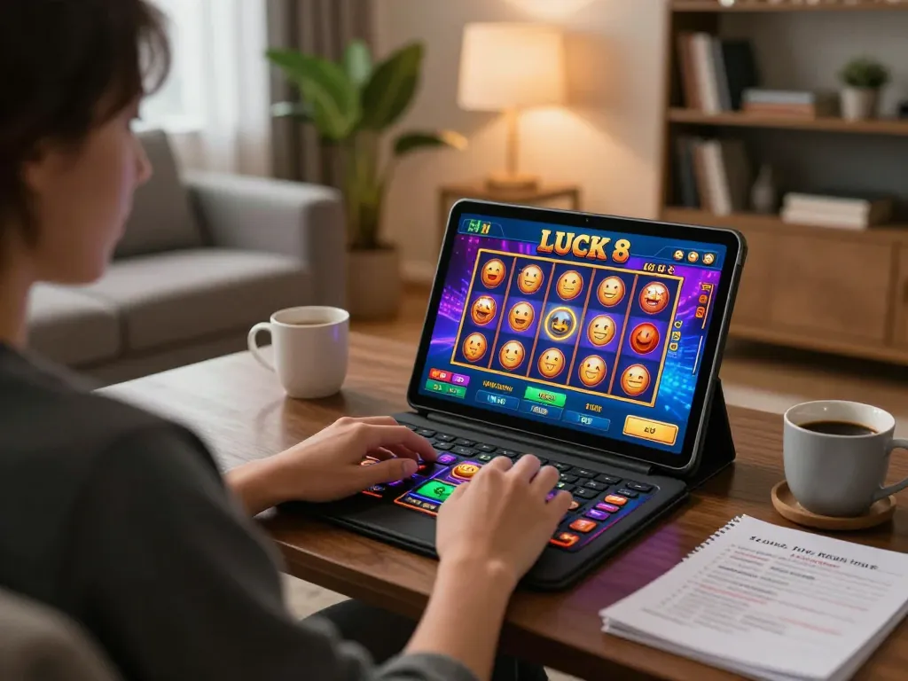 Engaging player enjoying LUCK 8 casino slot games on tablet in cozy home environment