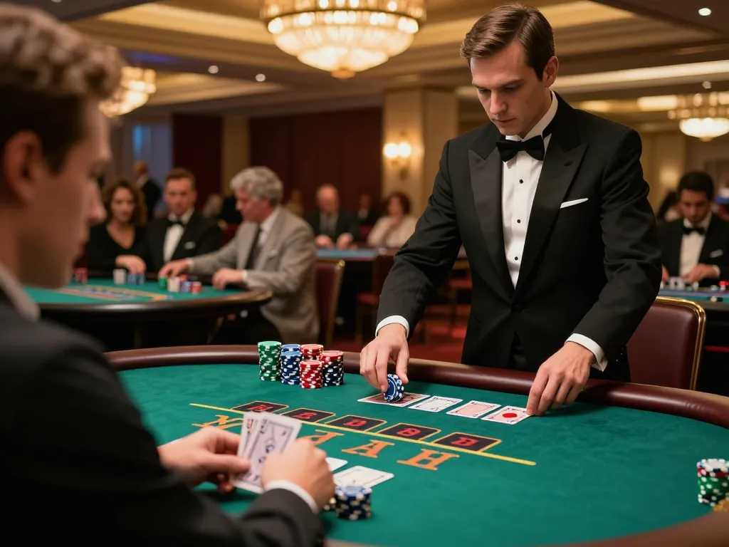 Players engaging in high-stakes blackjack at a luxurious casino, embodying the thrilling spirit of MB66.