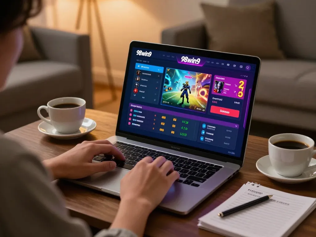 Engaging with the 98win9 casino interface in a cozy home gaming setup for strategic betting.