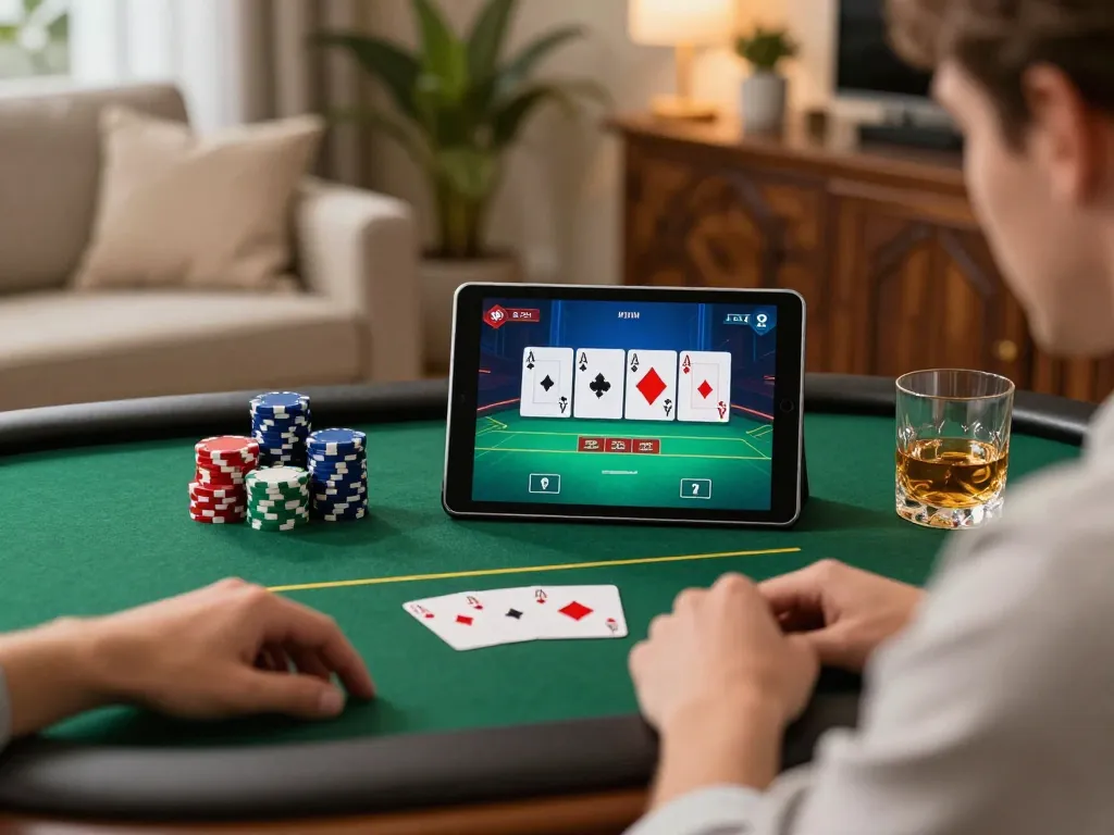 Player enjoying SC88 poker game on tablet with colorful chips in a cozy living room.