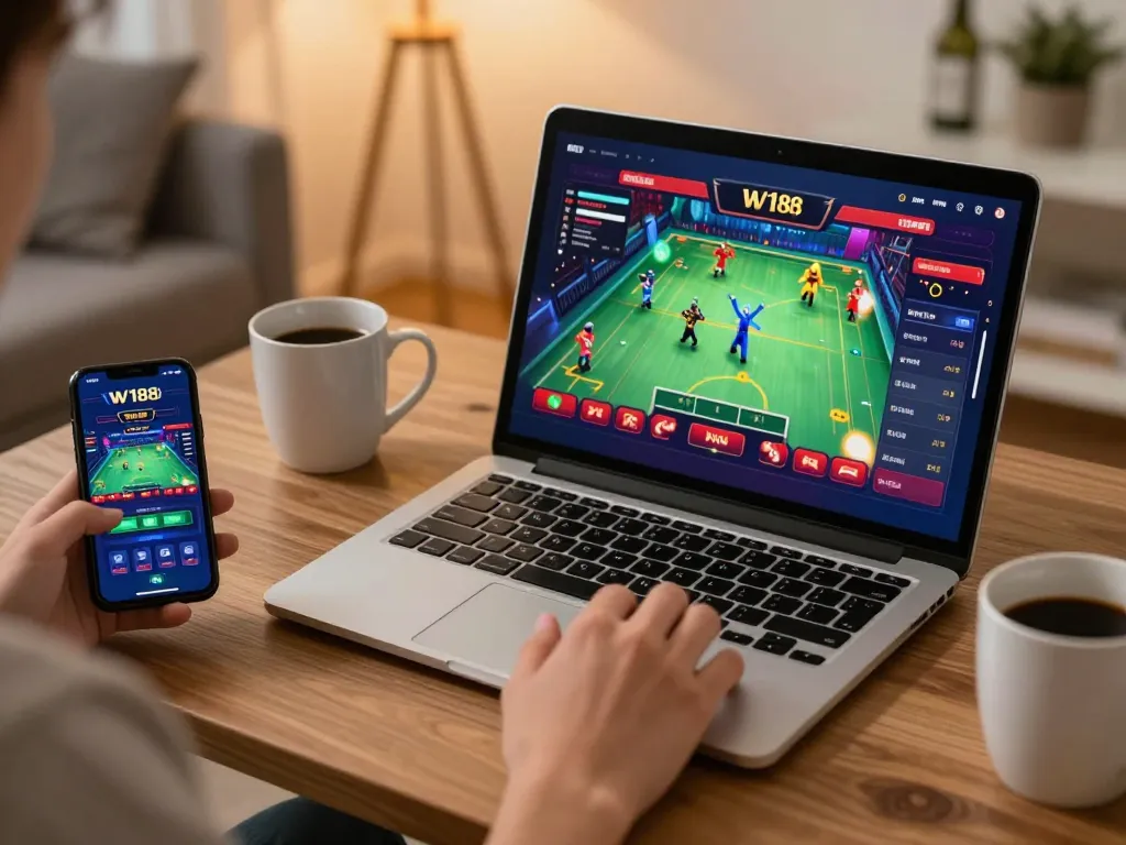 Engaging gameplay on W188 casino app from a cozy home environment.