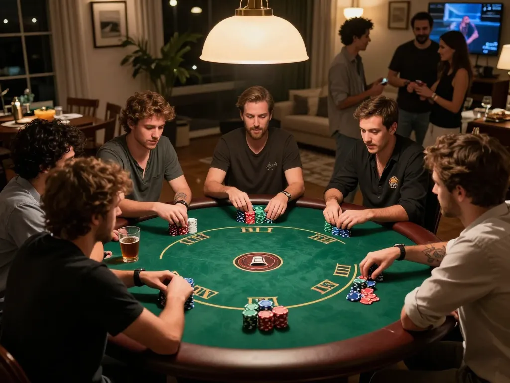 Players revel in a high-stakes home poker game with strategic betting and excitement at the table, llwin focus.