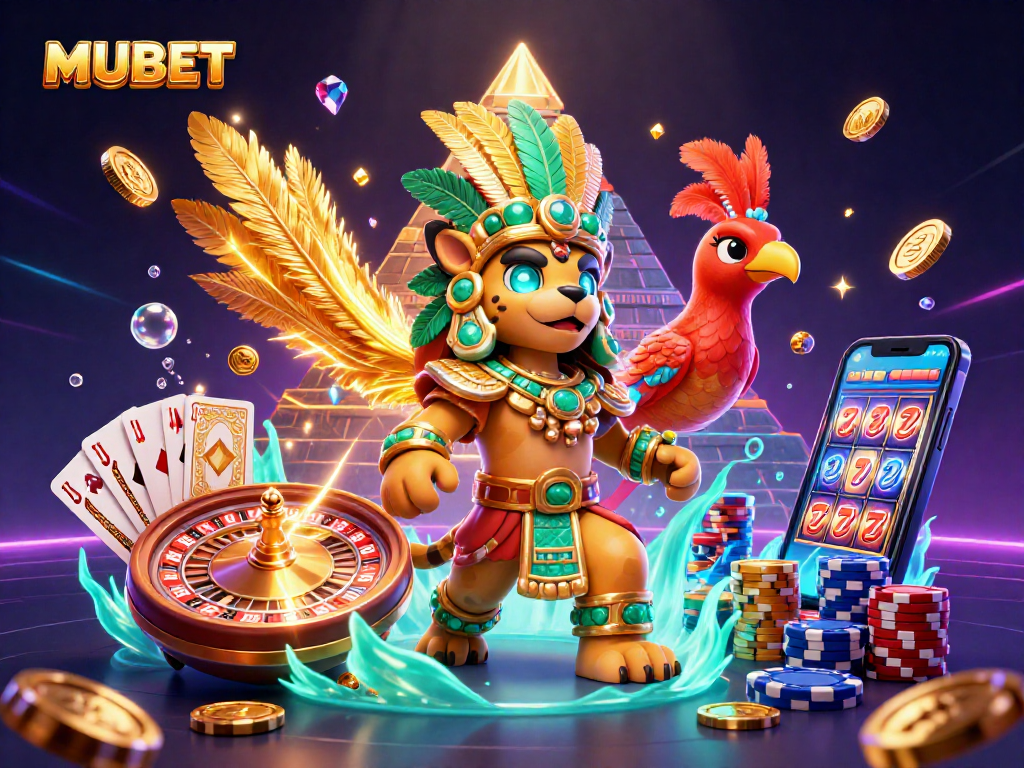 MUBET showcases an energetic scene with a Mayan jaguar priest, roulette wheel, and colorful gaming elements.