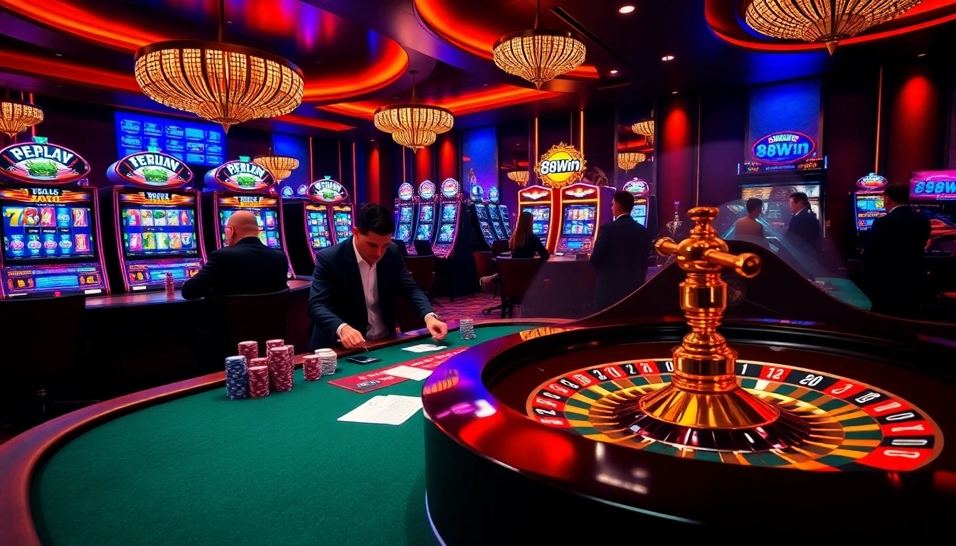 Players enjoying the thrilling atmosphere at 98win's luxurious casino, surrounded by vibrant slot machines and poker tables.