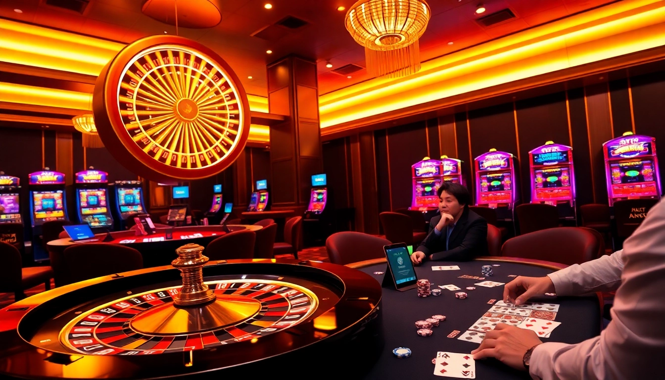 Engage with the excitement of nhà cái 88vn at a vibrant casino table with players and slot machines.