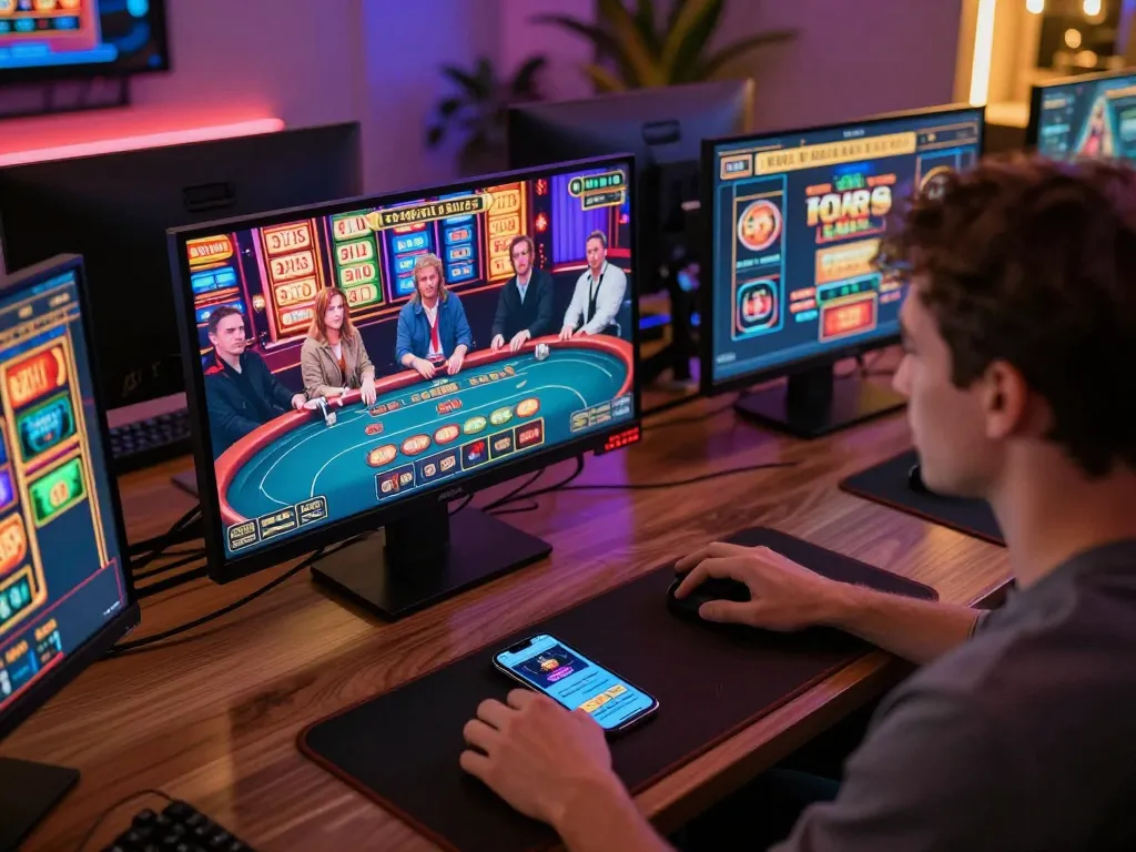 Engaging with sunwin live dealer games on multiple screens in a modern gaming setup.