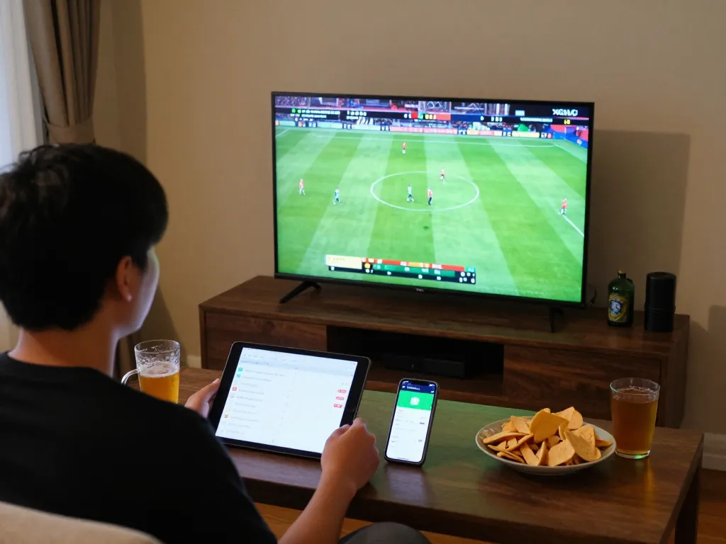 Xoilac user engaging in live sports betting from home with a tablet and smartphone.