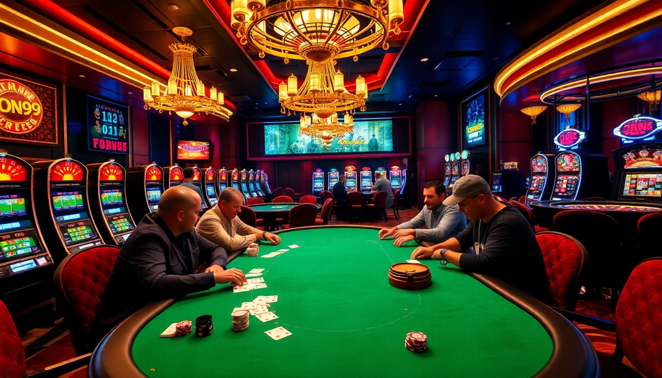 High-stakes poker scene at a glamorous casino highlighting go99 excitement and luxury.