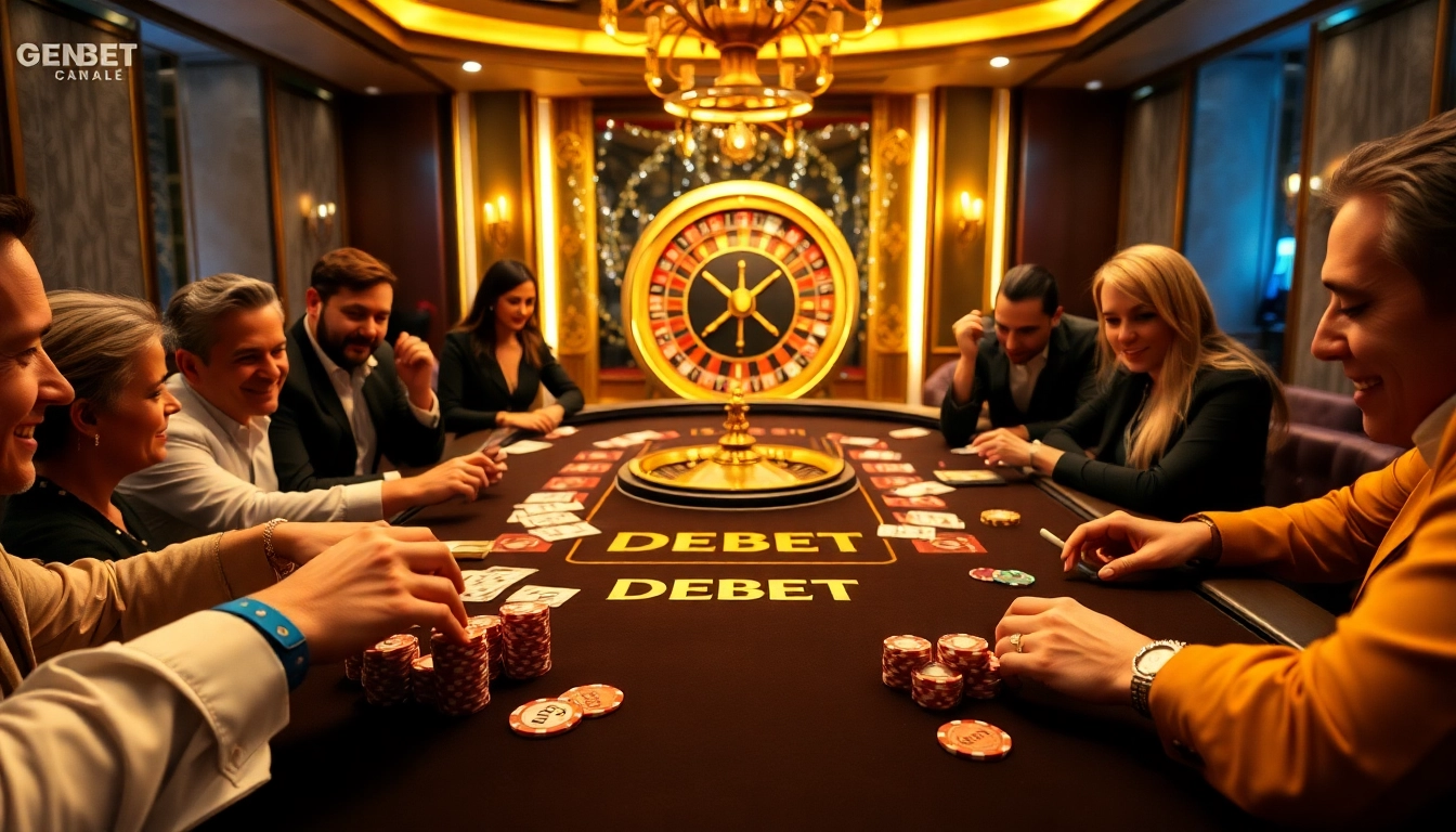 Players engaging in an exciting game at a DEBET casino table filled with poker chips and cards.
