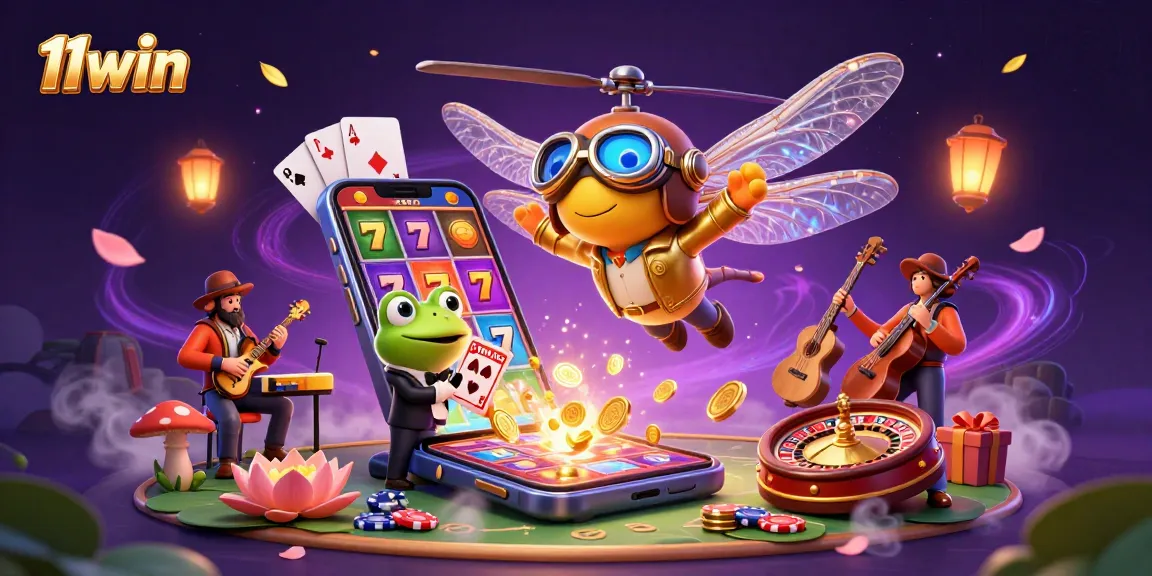 11win showcases vibrant casino action with a dragonfly pilot, frog dealer, and jazz musicians.