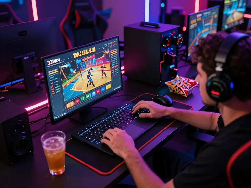 33WIN online gaming enthusiast playing casino games on a laptop in a cozy, colorful setting.