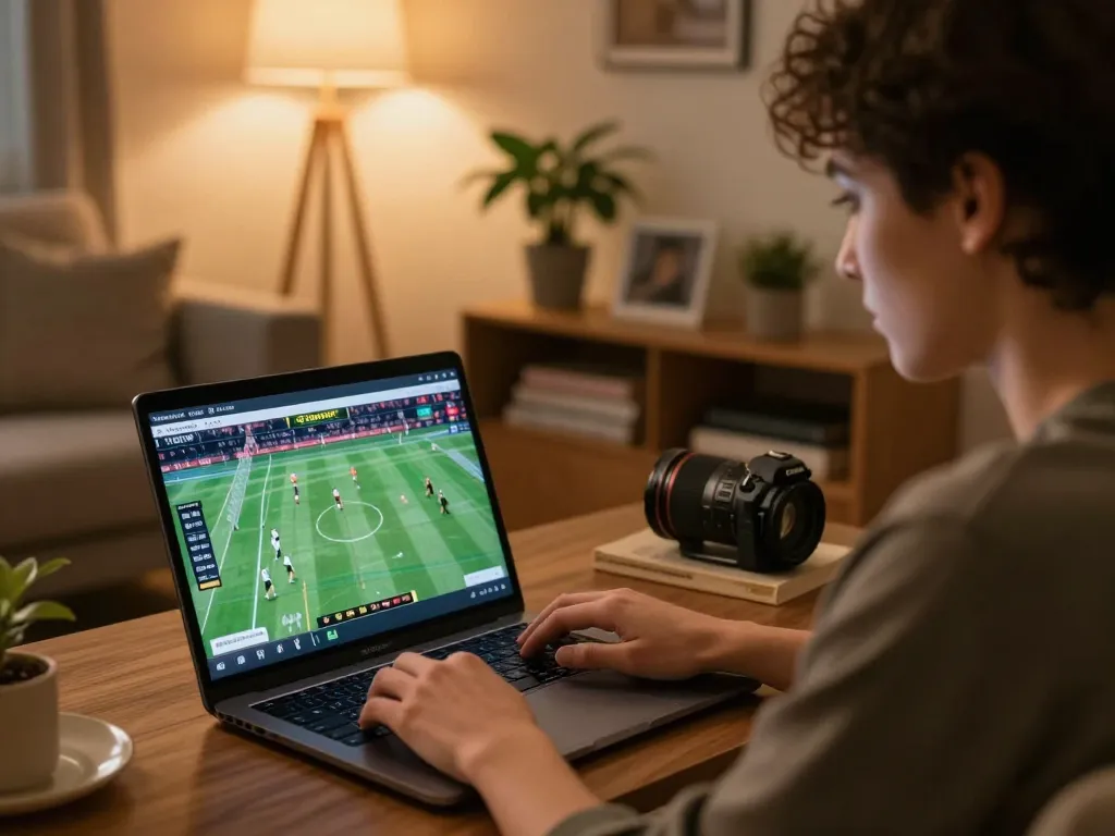 Person engaging in sports betting through o8net3 on laptop, surrounded by a cozy home environment.