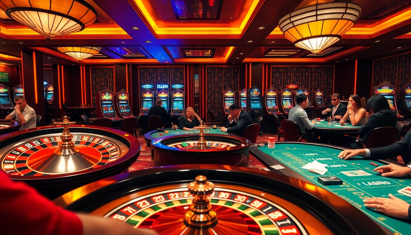 Experience thrilling gameplay at FABET's vibrant casino with roulette wheels and poker tables.