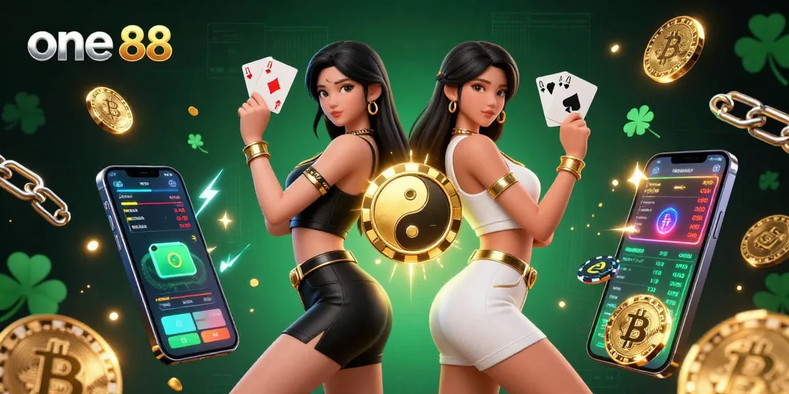 Engage with one 88's dazzling casino scene featuring twin Asian women holding vibrant playing cards amidst a rich, dynamic backdrop.