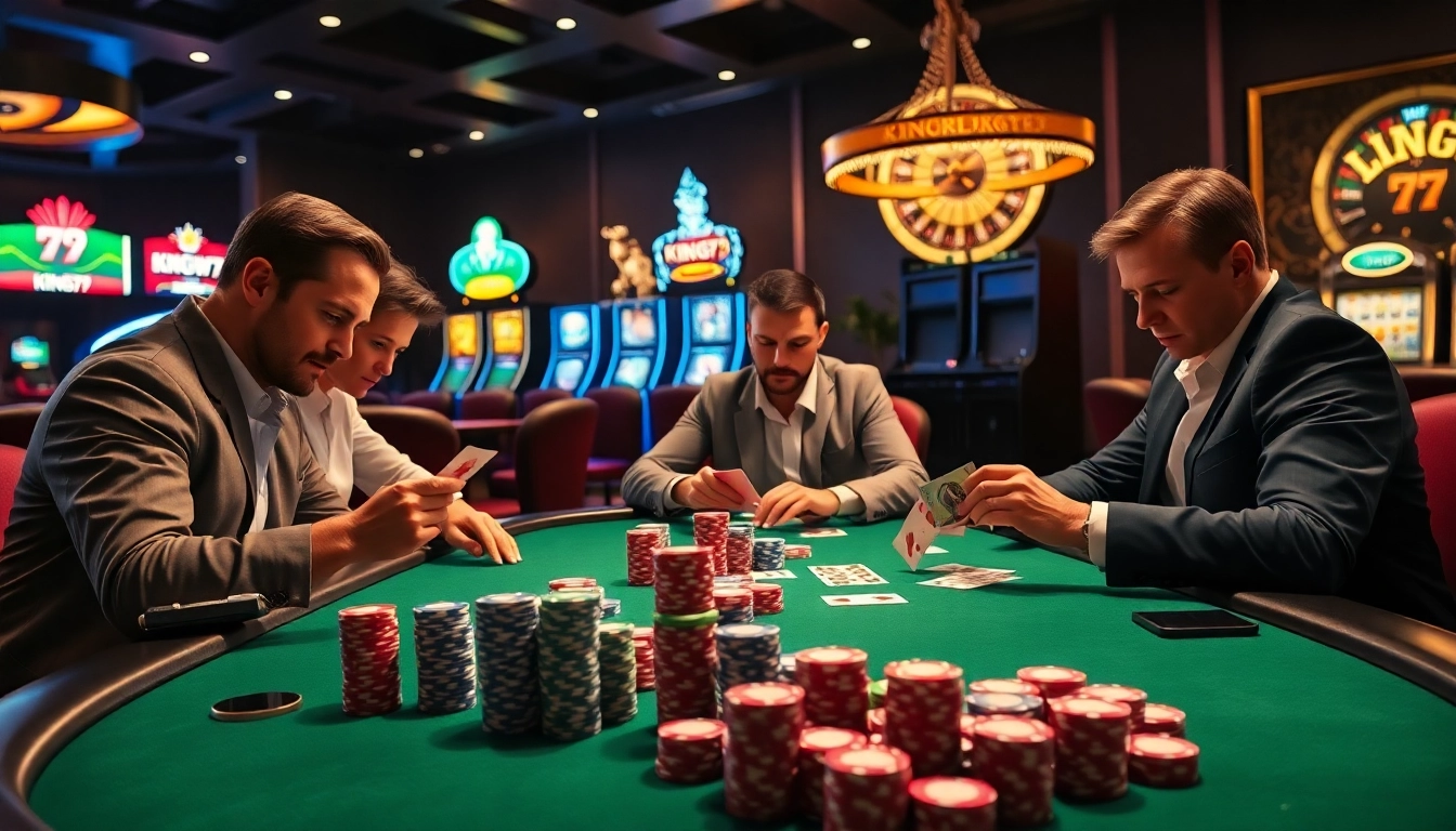 Engaged players at a king79 poker game, showcasing excitement and strategy with colorful chips and cards.