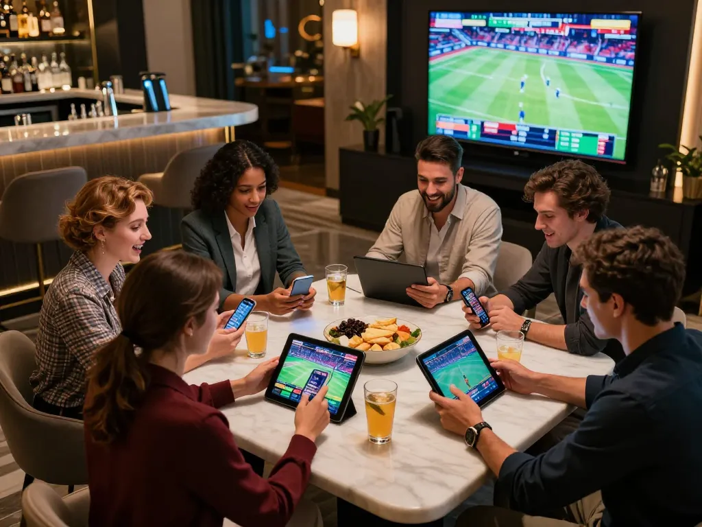 Duitgini sports betting group placing live wagers with excitement during a major game night.